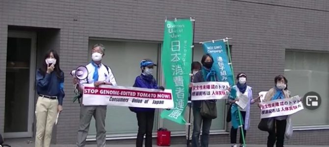 チャンネル日消連：ゲノム編集トマトはいらない！サナテックシード社前抗議行動・天笠啓祐（科学ジャーナリスト、日消連共同代表）、纐纈　美千世（特定非営利活動法人日本消費者連盟）